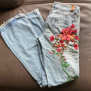 Vintage Floral Embroidered Light Blue Wide Leg Jeans